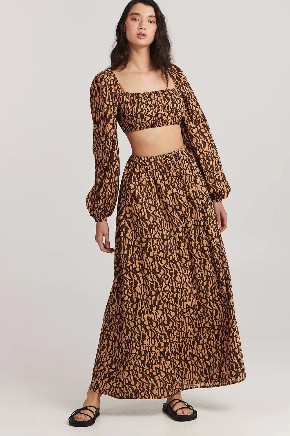 CHARLIE HOLIDAY PEYTON MAXI SKIRT - NEUTRAL ABSTRACT linen skirt breathable
