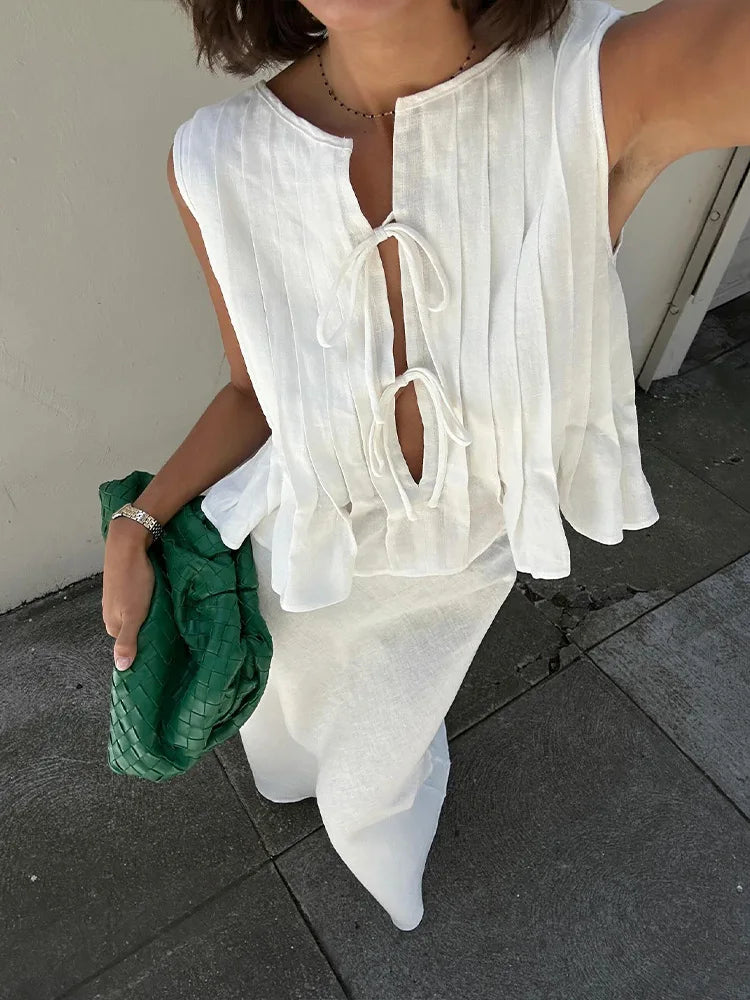 Wjczt Elegant White Linen Skirt 2 Piece Set Woman Chic O Neck Lace Up Ruffled Top Suit 2024 Summer Female Office Highstreet Outfit leather skirt sleek