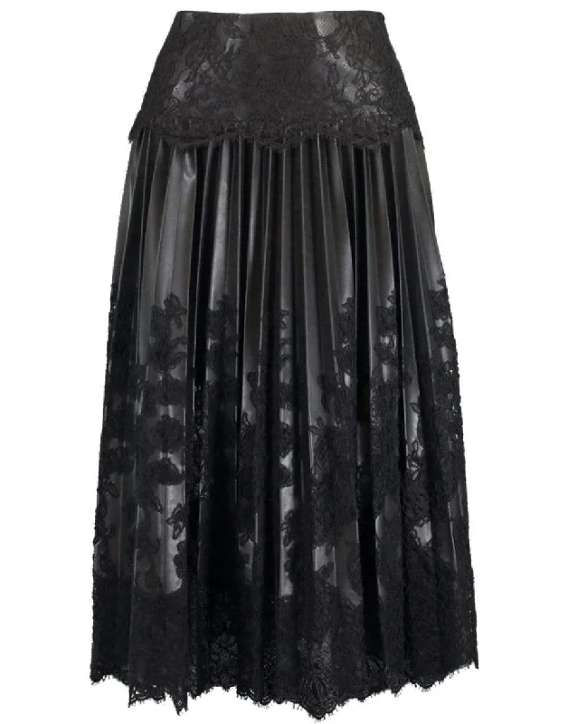 Black Leather Pleated Lace Skirt chiffon skirt floaty