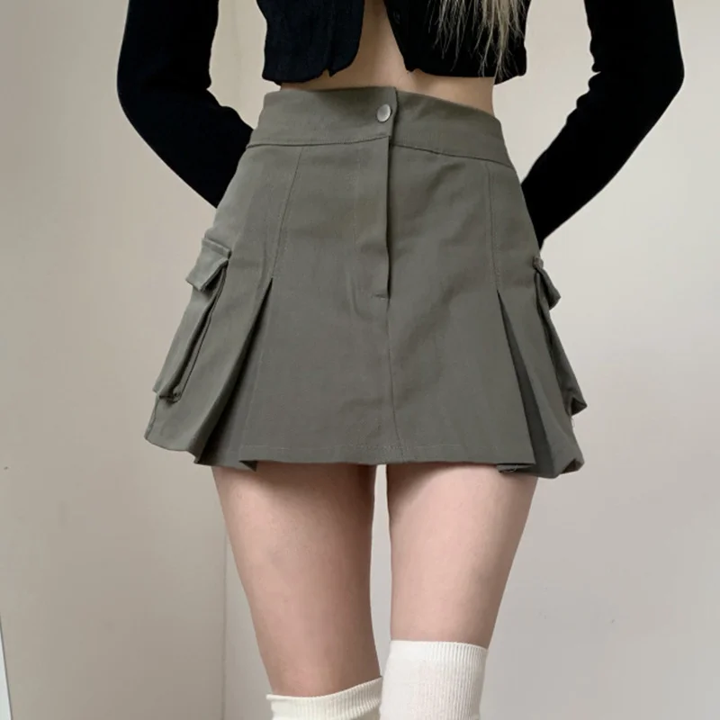 Women Denim Solid Color High Waist Pocket Pleated Skirt lace skirt intricate
