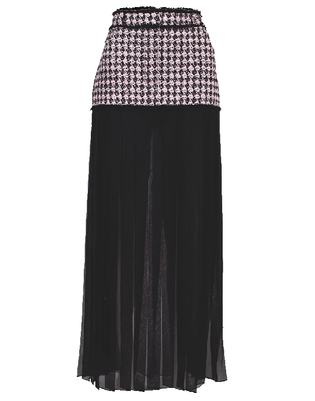 Tweed and Chiffon Pleated Maxi Skirt ribbed skirt waist