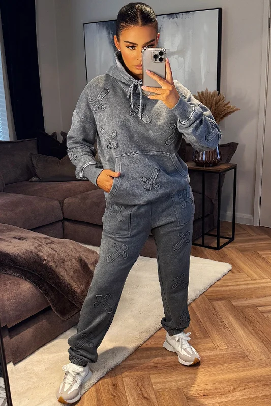Hoodie And Joggers Tracksuit Cross Patch Loungewear Grey Hoodie with Monochrome Minimalist Simple