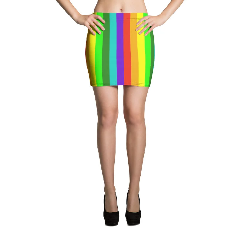Rainbow Stripe Print Mini Skirt, Striped Women's Festival Gay Pride Skirt-Made in USA/EU tiered skirt playful