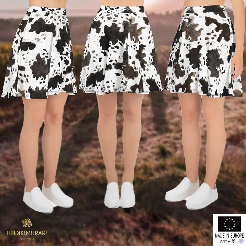 Cow Print Women's Skater Skirt, Cute Mid-Thigh Length Premium Skirt-Made in USA/ EU velvet skirt plush