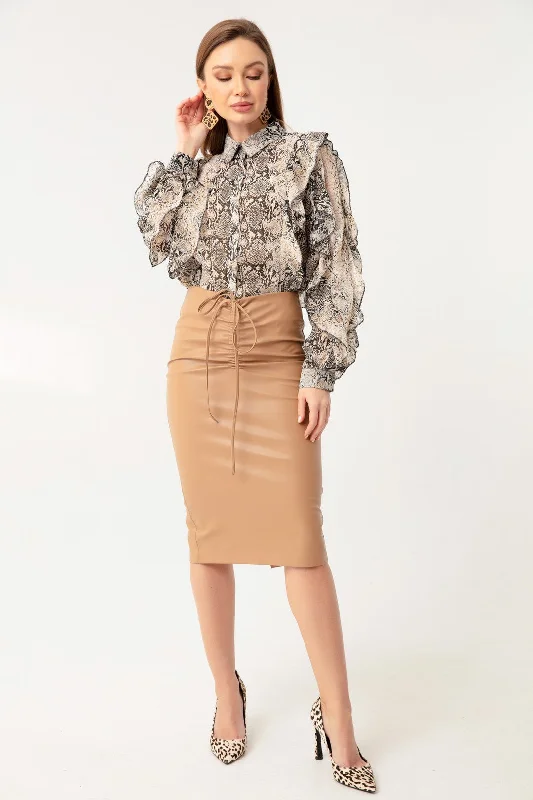 Female Shirring Detailed Slip Leather Skirt cashmere skirt fine