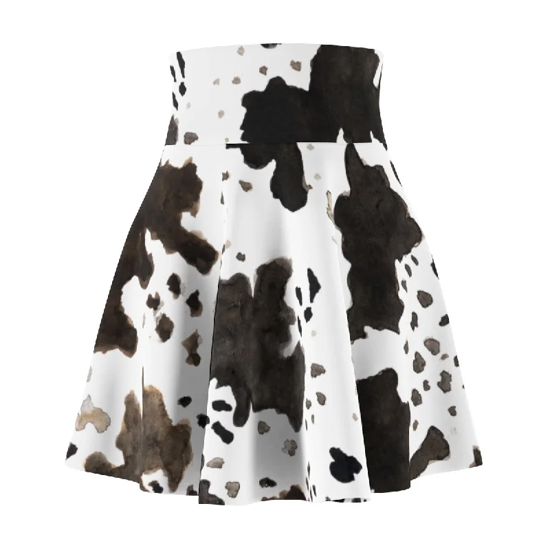 Cow Animal Print Skater Skirt, Black Brown White Women's Skirt-Made in USA(Size: XS-2XL) linen skirt breathable