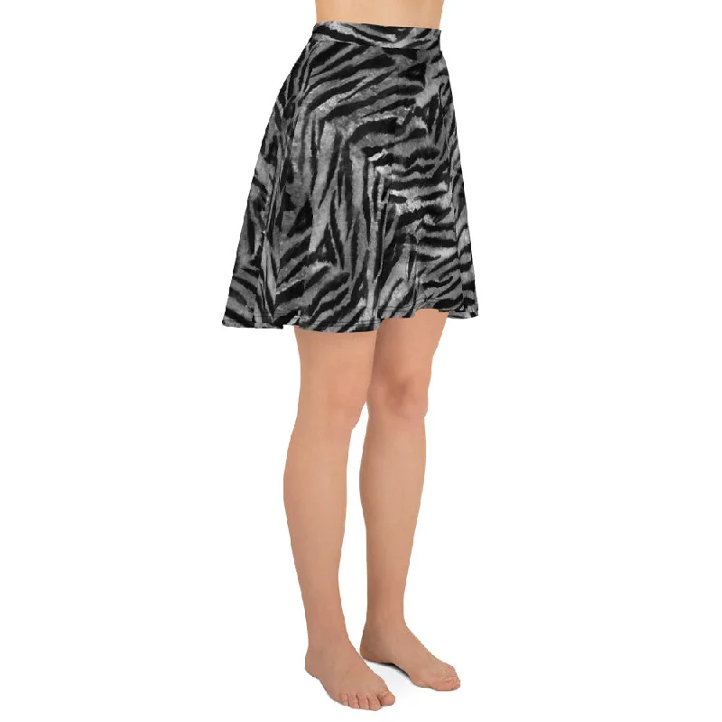 Gray Tiger Striped Skater Skirt, Animal Print Best High-Women's Skirt-Made in USA/EU(US Size: XS-3XL) velvet skirt sumptuous