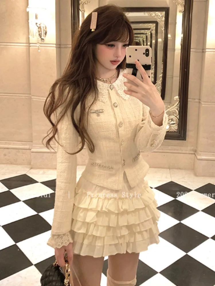 Wjczt French Vintage 2-piece Set Tweed Lace Patchwork Single Breasted Coat Ruffles Cake Mini Skirt Korean Fashion Autumn Outfits New lace skirt feminine