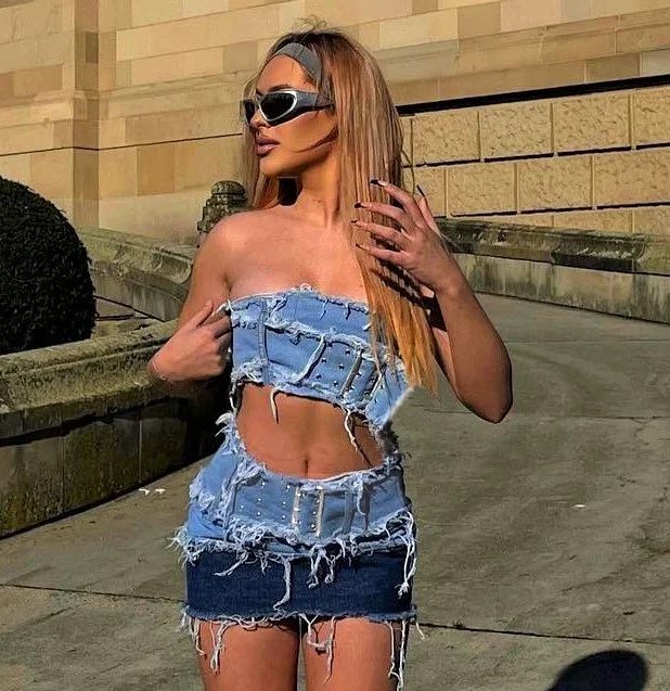 Fashion Women Sexy Street Style Raw Hem Denim Tube Top And Skirt Set velvet skirt plush