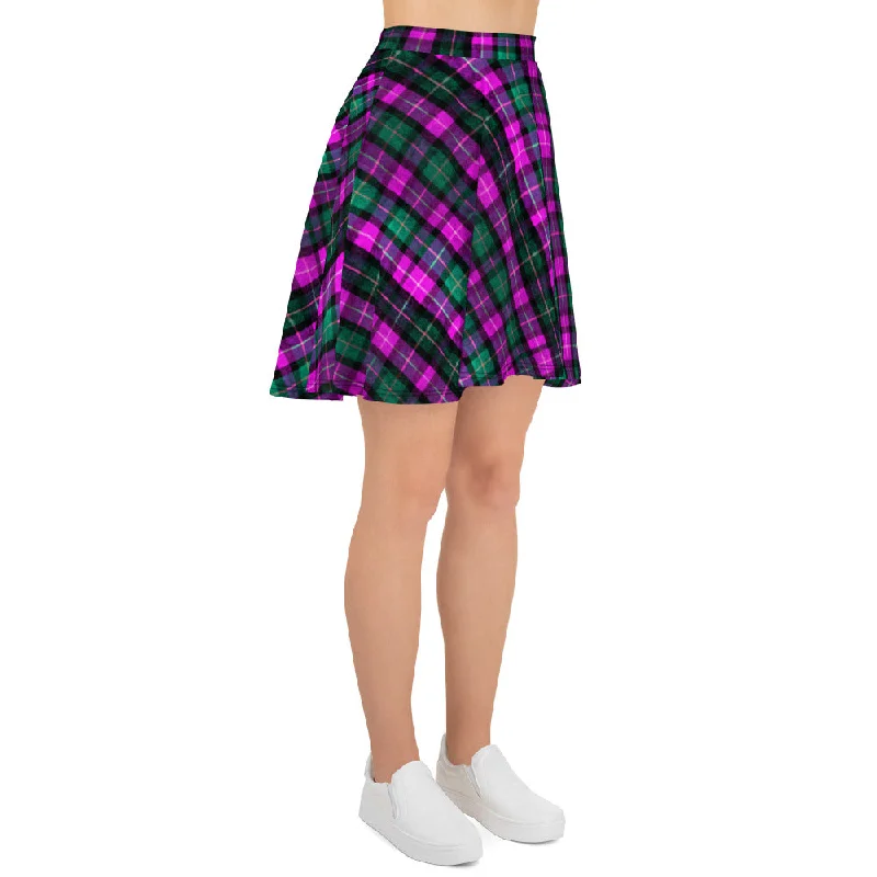 Pink Green Plaid Skater Skirt, Tartan Scottish Print High-Waisted Women's Skater Skirt-Made in USA/EU cashmere skirt rich