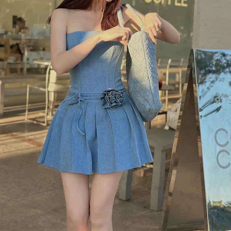 Women'S Fashion Sexy Boat Neck Tube Denim Pleated Skirt cotton skirt soft