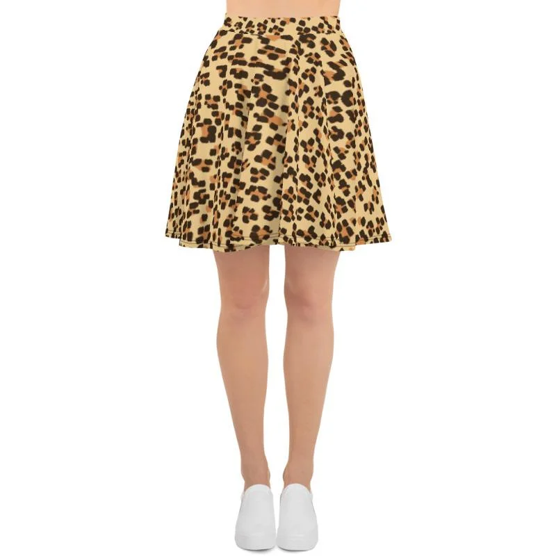 Leopard Print Women's Skater Skirt, Brown Animal Print Mid-Thigh Skirt-Made in USA/EU chiffon skirt lightweight