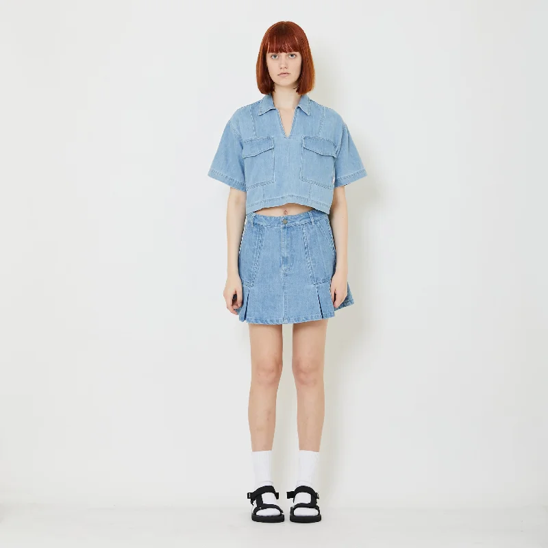 Women Pleated Skirt - Light Blue - SW2408113B silk skirt luxurious