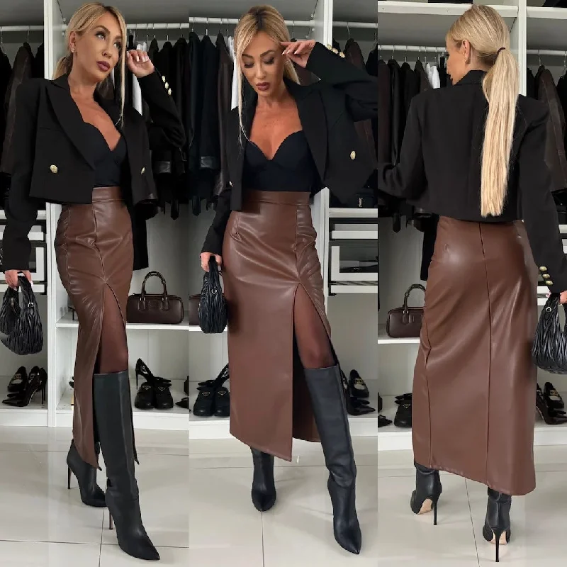 Wjczt skater women outfits New Skirt Women's Clothing 2024 Autumn and Winter New Elegant Sexy High Waist Split Leather Skirt wool skirt breathable