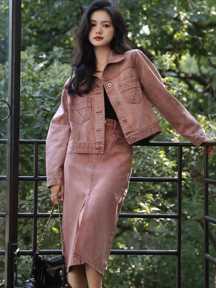 Wjczt 2-Piece Outfit Set for Women Half Skirts Sets Turn-Down Collar Short Coat Split Midi Skirt Fashion Denim Suit Spring Autumn New chiffon skirt airy