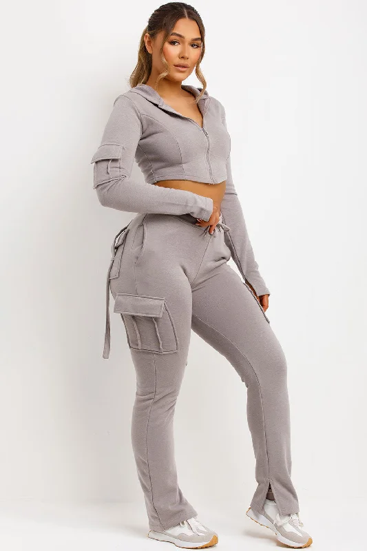 Cargo Joggers And Crop Corset Hoodie Tracksuit Set Dove Grey Hoodie with Hem Embroidery Detailed Premium Cargo Joggers And Crop Corset Hoodie Tracksuit Set Dove Grey Hoodie with Hem Embroidery Detailed Premium