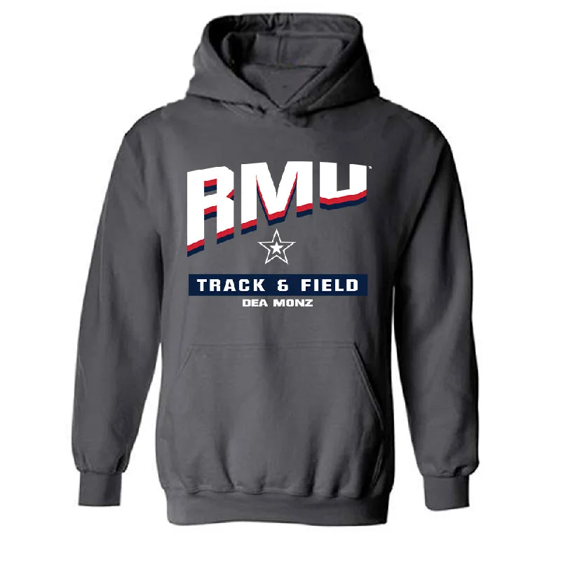 Robert Morris - NCAA Women's Track & Field : Dea Monz - Classic Fashion Shersey Hooded Sweatshirt Hoodie with Exposed Zipper Edgy Industrial
