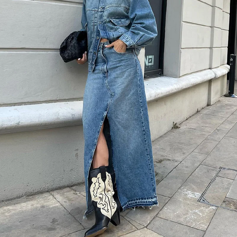 Wjczt 2024 fall fashion trends Commuter High Waist Slimming Split Blue Denim Skirt Long Skirt Retro Distressed Sheath Skirt ribbed skirt waist