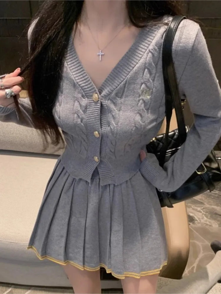 Wjczt Autumn Knitted Two Piece Skirt Set Women Long Sleeve Single Breasted V-neck Top Mini Pleated Skirt Korean Chic Female Outfit New silk skirt sleek