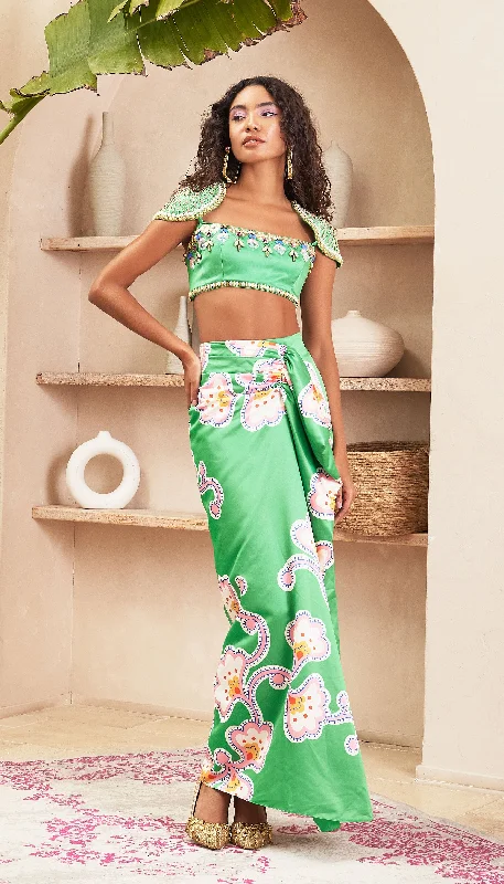 Emberly - Green Draped Skirt & Top with Shoulder Caps denim skirt durable