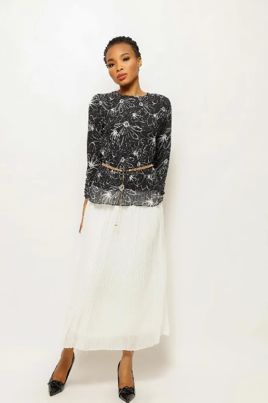 PLEATS AND SKIRT DOODLE FLORAL SET silk skirt lustrous