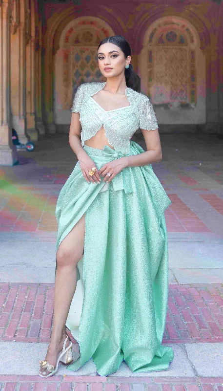 SILVER CLOUD- silver metallic jacquard drapped skirt set pleated skirt texture