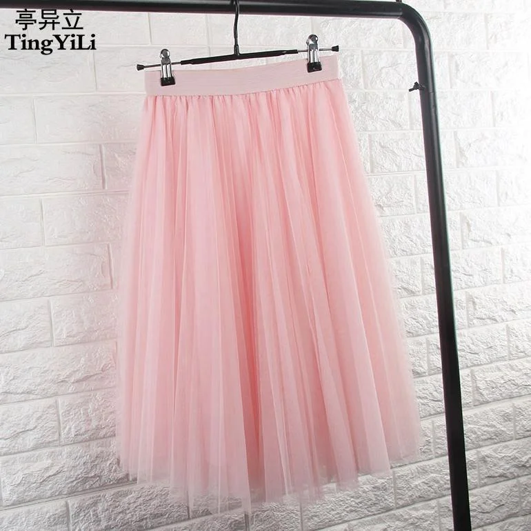 TingYiLi Tulle Skirts Womens Black Gray White Adult Tulle Skirt Elastic High Waist Pleated Midi Skirt 2016 boho skirt vibe