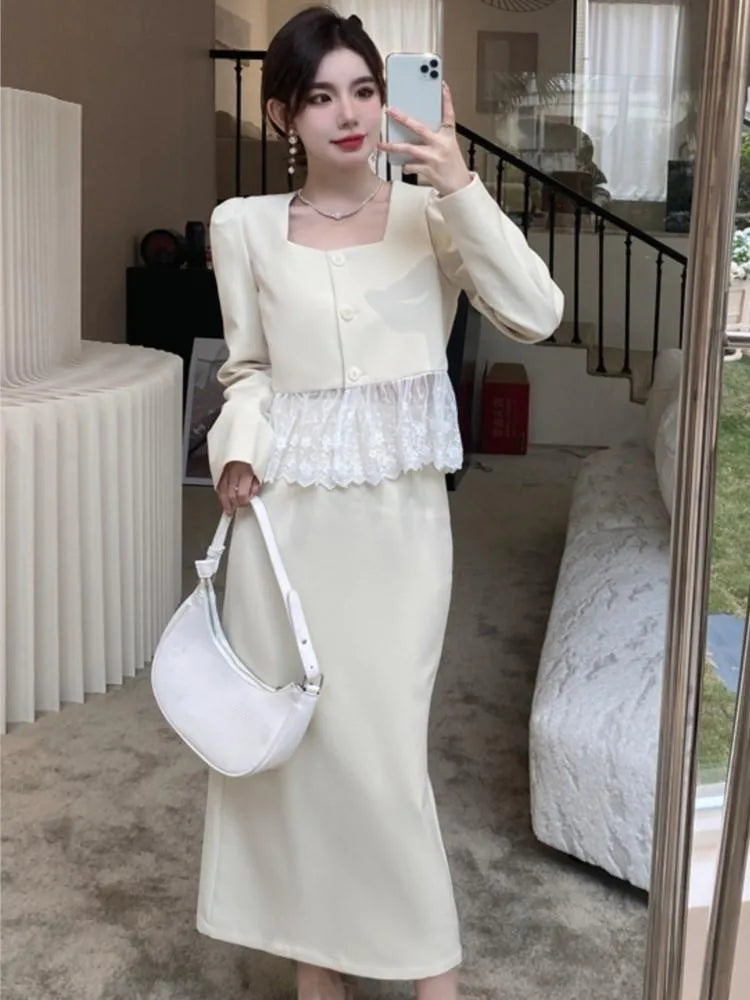 Wjczt Autumn Vintage Lace Short Top Korean A-line Skirt 2023 Elegant Women Fashion Solid Suits Spring Lady Long Sleeve 2 Pieces Set satin skirt smooth