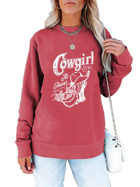 Cowgirl Print Autumn Winter Clothes Women Sweatshirts Cactus Hat Riding Graphics Long Sleeve Shirt Hoodie with Hem Embroidery Detailed Premium