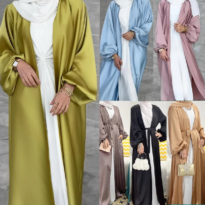 Wjczt Summer Elegant Solid Color Colorful Temperament Long Skirt Ladies Open Shouder Robe Satin Large Size Belt Muslim Woman Abaya corduroy skirt textured