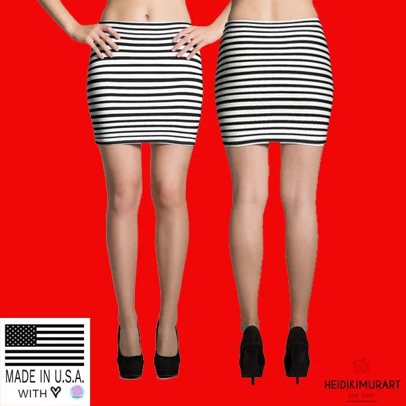 Modern Designer Black White Horizontal Stripe Women's Mini Skirt- Made in USA/EU linen skirt natural