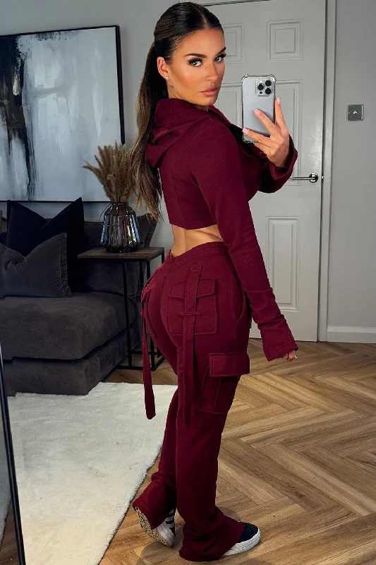 Cargo Joggers And Crop Corset Hoodie Tracksuit Set Burgundy Red Hoodie with Color Block Contrast Stylish Cargo Joggers And Crop Corset Hoodie Tracksuit Set Burgundy Red Hoodie with Color Block Contrast Stylish