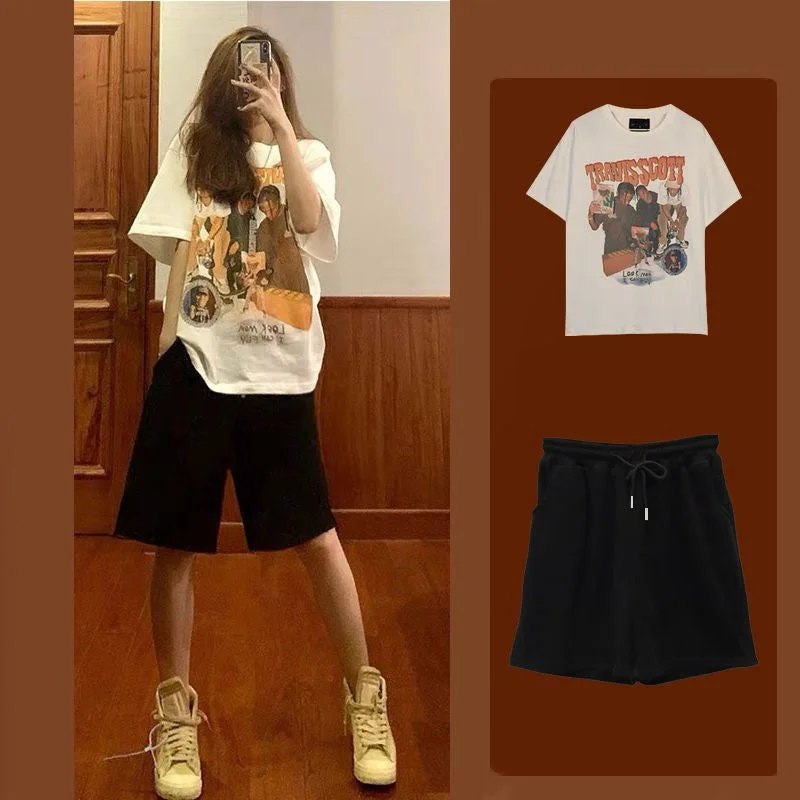 Wjczt skirt outfits Summer 2024 Student Leisure Sports Women's Suit New Online Popular Street Fashion Short Sleeve Shorts Two-Piece Set low waist skirt