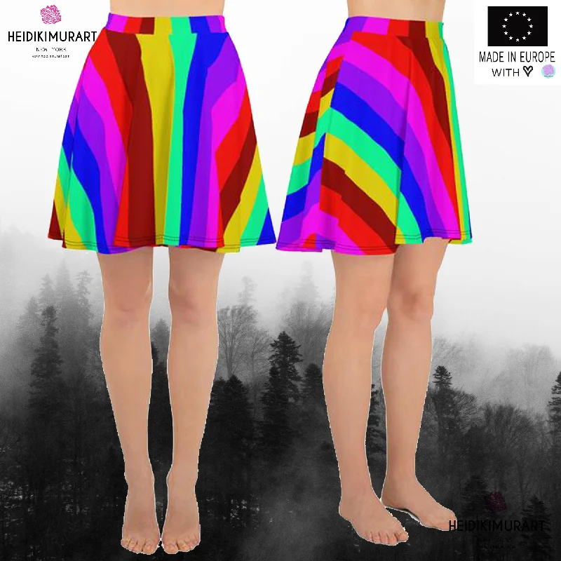 Hippie Rainbow Skater Skirt, Gay Pride Print High-Waisted Women's Skater Skirt-Made in USA/EU linen skirt light