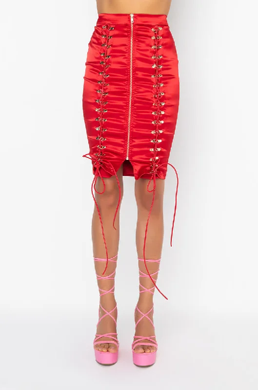REMARKABLE SATIN MIDI SKIRT RED corduroy skirt durable