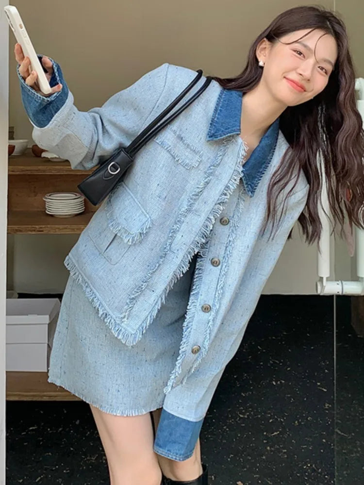 Wjczt 2-Piece Set for Women Half Skirts Sets Turn Down Collar Patchwork Coat Mini Skirt Fashion Female Denim Suit Autumn Winter New silk skirt lustrous