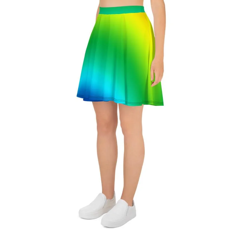 Blue Green Rainbow Skater Skirt, Ombre Print Women's Mid-Thigh Soft Skater Skirt- Made in USA/EU silk skirt lustrous