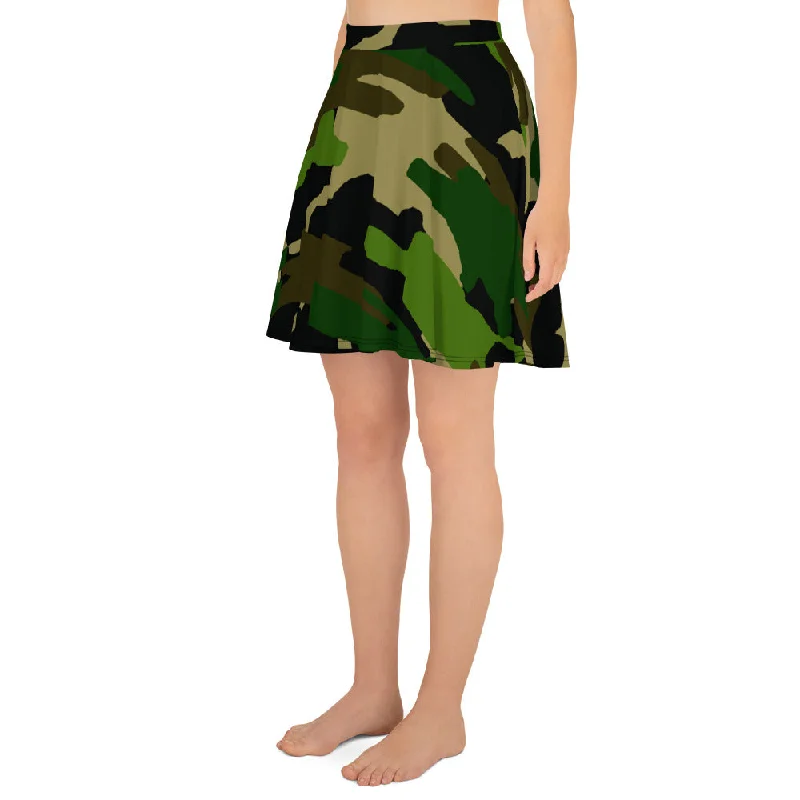 Green Camouflage Skater Skirt, Military Army Print Premium Women's Skater Skirt - Made in USA/ EU leather skirt modern