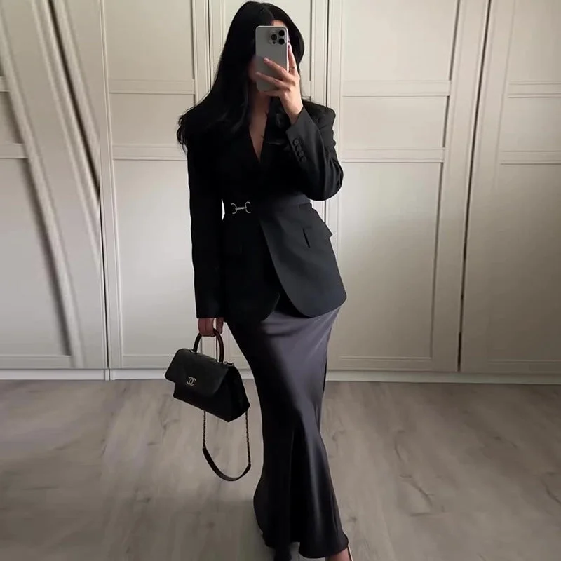 Wjczt summer outfits inspo 2024 Autumn New Pure Color Elegant Lapel Suit Elegant Skirt Two-Piece Set for Women lace skirt romantic