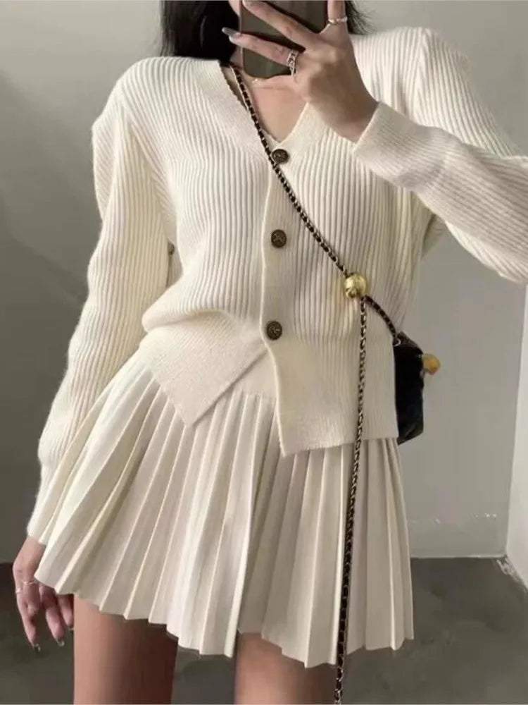 Wjczt Casual Knitted 2 Piece Set Single Breasted V-neck Top + High Waist Mini Pleated Skirt Autumn Spring Korean Fashion Solid Outfits denim skirt stylish