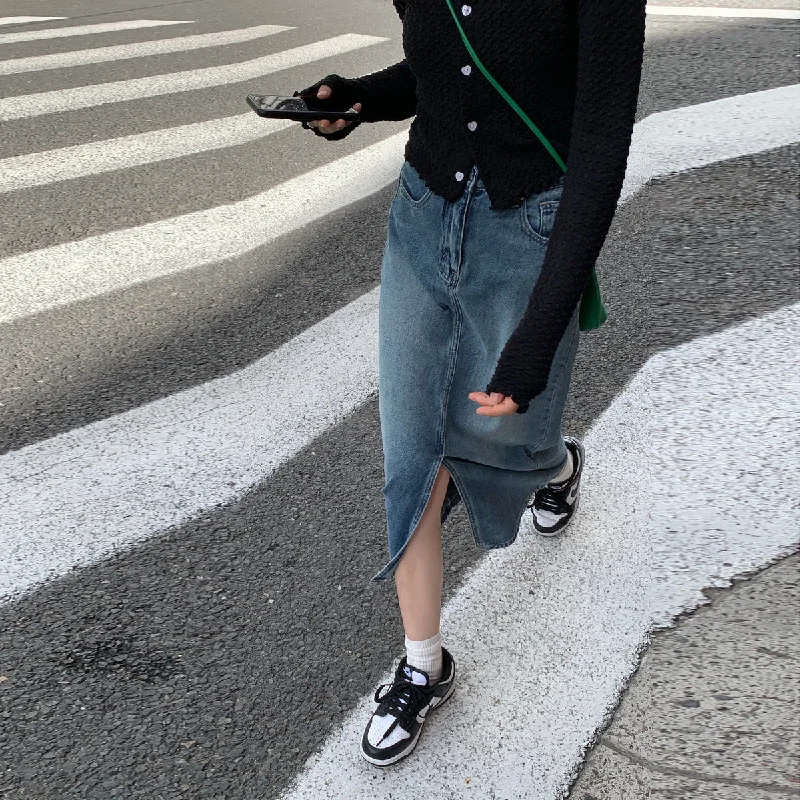 Wjczt 2024 fall fashion trends Retro Distressed Split Denim Skirt Women's Washed Soft Mid-Length High Waist A- line Hip Skirt athletic skirt fit