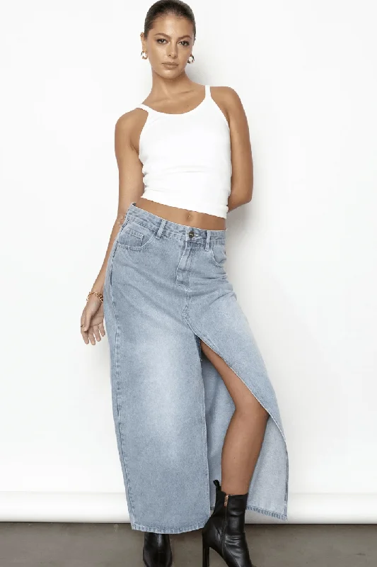 SNDYS THE LABEL NILA SKIRT - BLUE DENIM satin skirt smooth
