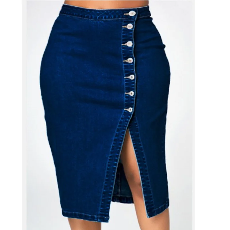 Women Denim Skirt Single Breasted Hip Skirt wrap skirt elegant