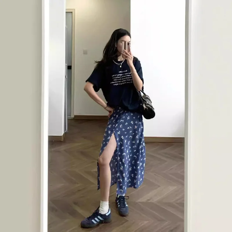 Wjczt work outfits women Blue Floral Chiffon Split Skirt Women's Summer High Waist Slimming A- line Skirt Cover One Step Large Swing Long Skirt elastic waist skirt