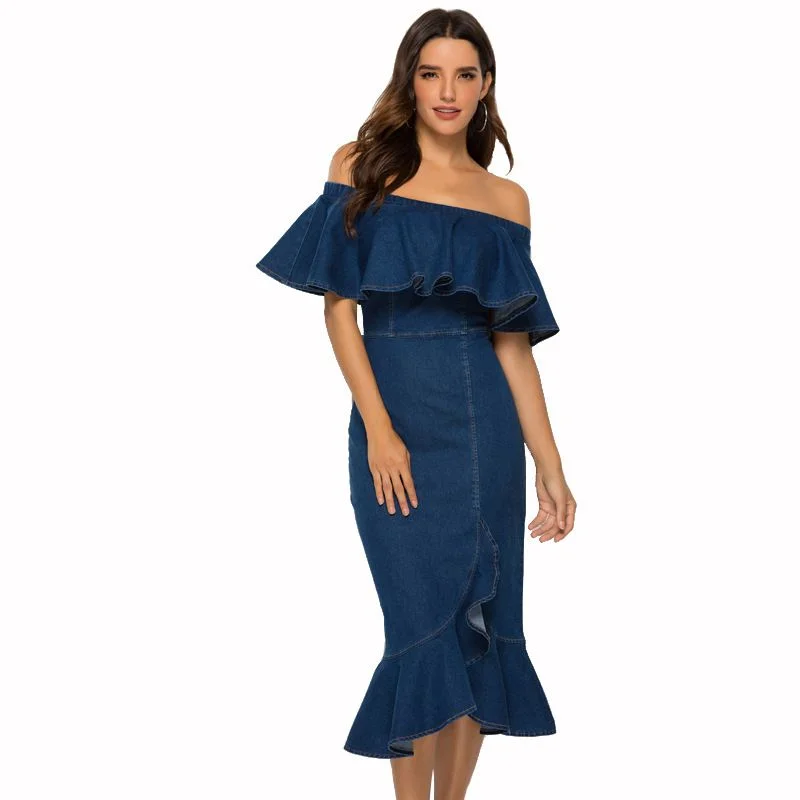 2 Pieces Women Fashion Off-The-Shoulder Irregular Hem Flounced Design Bodycon Denim Fish Tail Skirt tulle skirt dreamy