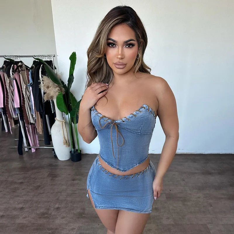 Wjczt concert outfit ideas Yj24083 Style Fashion Denim Tube Top Skirt Sexy Suit 2024 Summer New Two-Piece Set flowy skirt hem