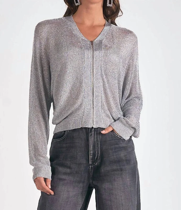 Metallic Sweater Cardigan In Silver Zippered Buttoned Snapped