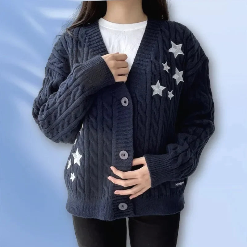 Advbridge Winter Midnight Navy Blue Knitted Cardigans Women Spring Y2k Casual Star Embroidery Single Breasted XS-5XL Sweaters Dropshiping Cardigan Knitwear Sweater