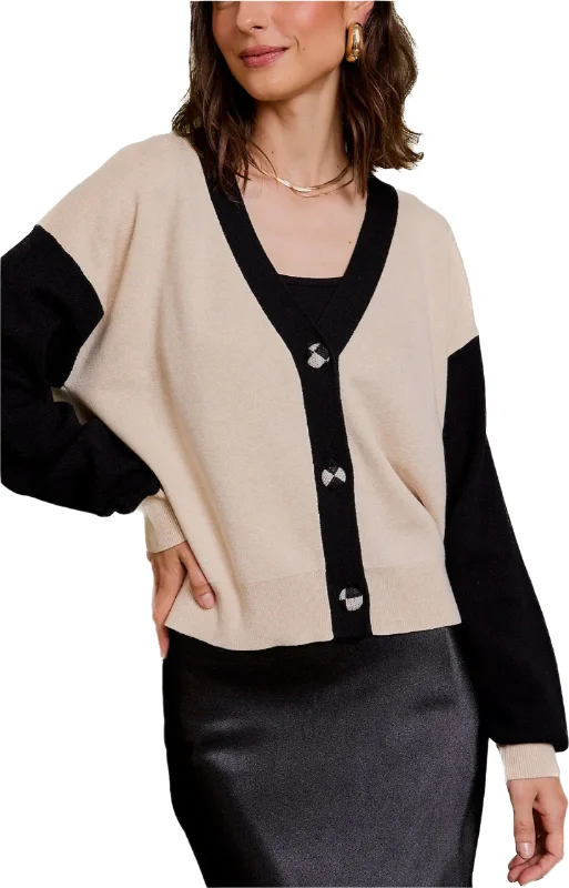 Cream & Black Contrast Button Sweater Cardigan Glossy Satin Silk