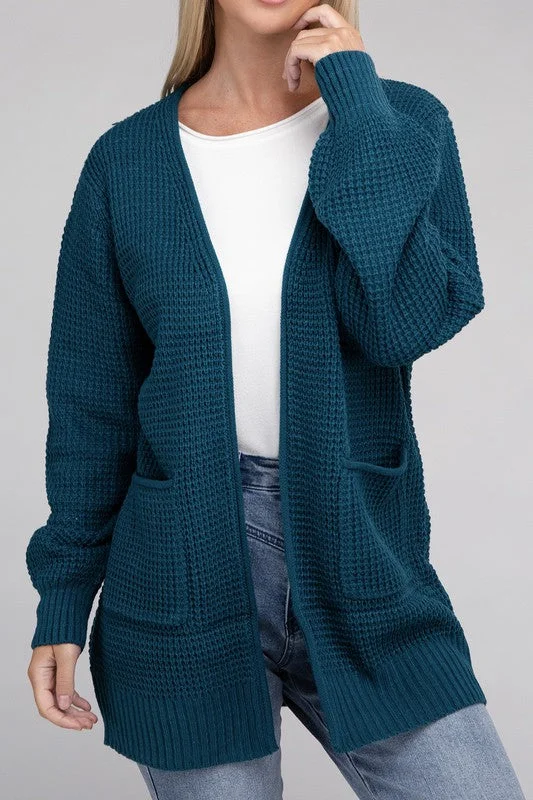 Low Gauge Waffle Open Cardigan Sweater Elasticated Padded Insulated
